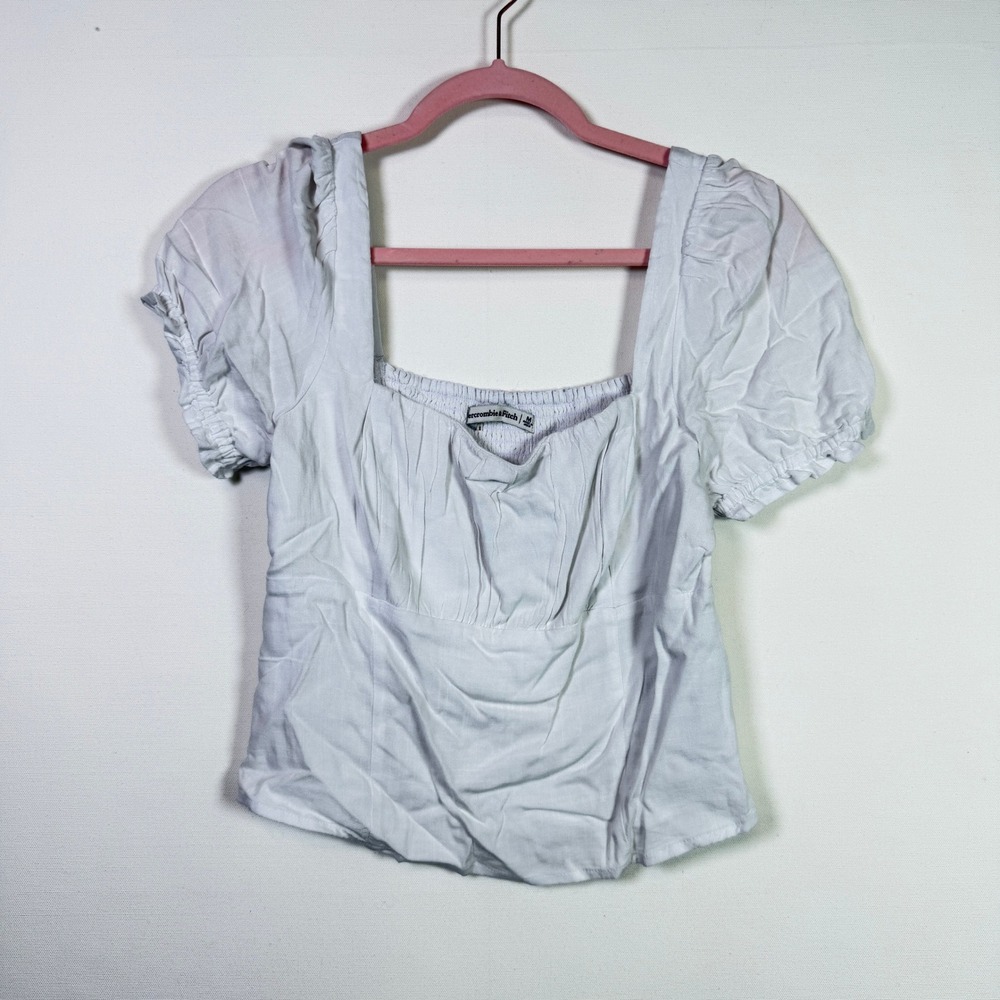 ABERCROMBIE & FITCH White Smocked Back Puff Sleeve Square Neck Top Size M‎